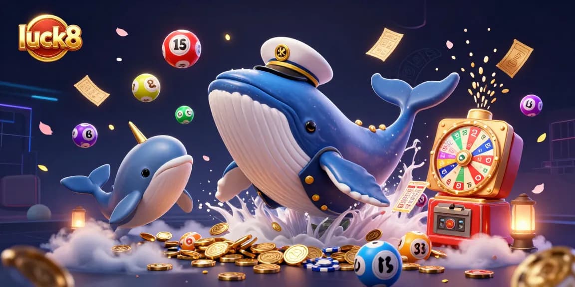 Experience the excitement of luck8 with a vibrant 3D casino scene featuring a whale, narwhal, and dolphins amidst falling lottery balls.