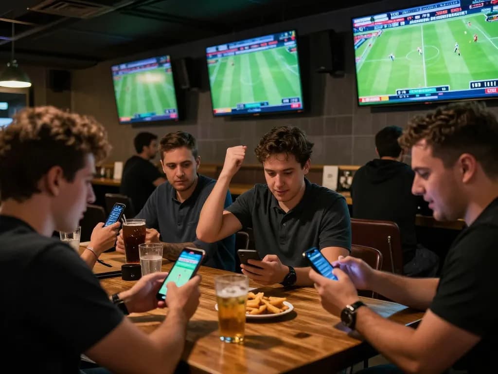 Fans placing bets on 7mcn football matches in an energetic sports bar atmosphere.