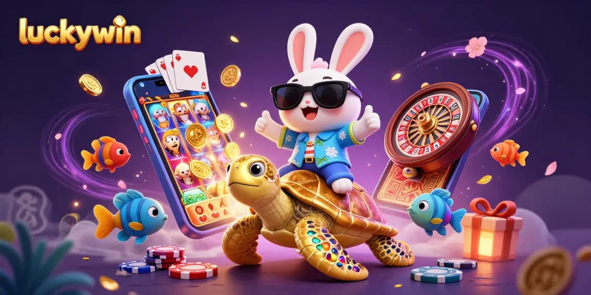 Luckywin brings excitement with colorful games and a charming rabbit character in a vibrant casino setting.