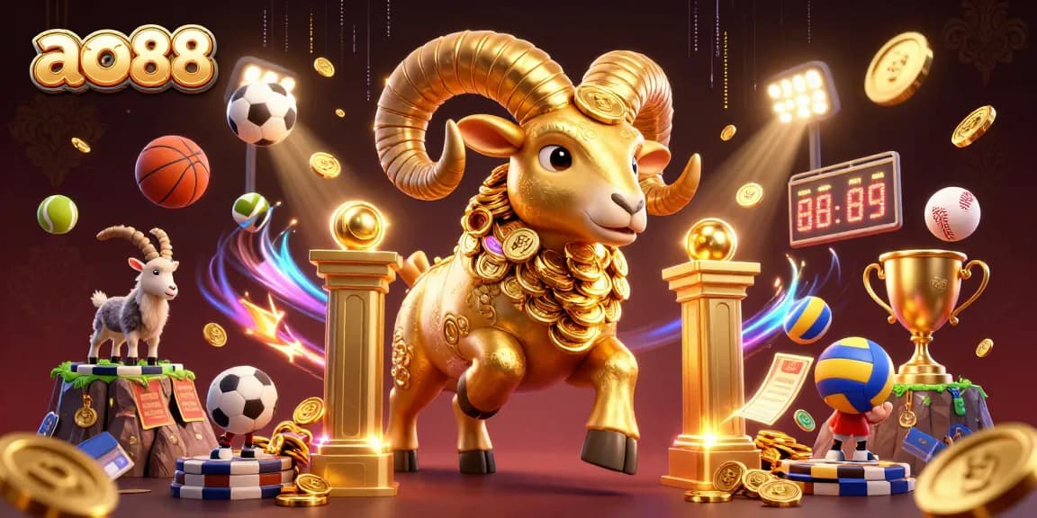 Experience thrilling gaming action at ao88 with a dynamic illustration showcasing sports elements and a massive golden ram.
