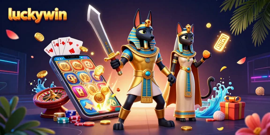 Experience winning spins at luckywin with vibrant slot games, golden coins, and festive elements.