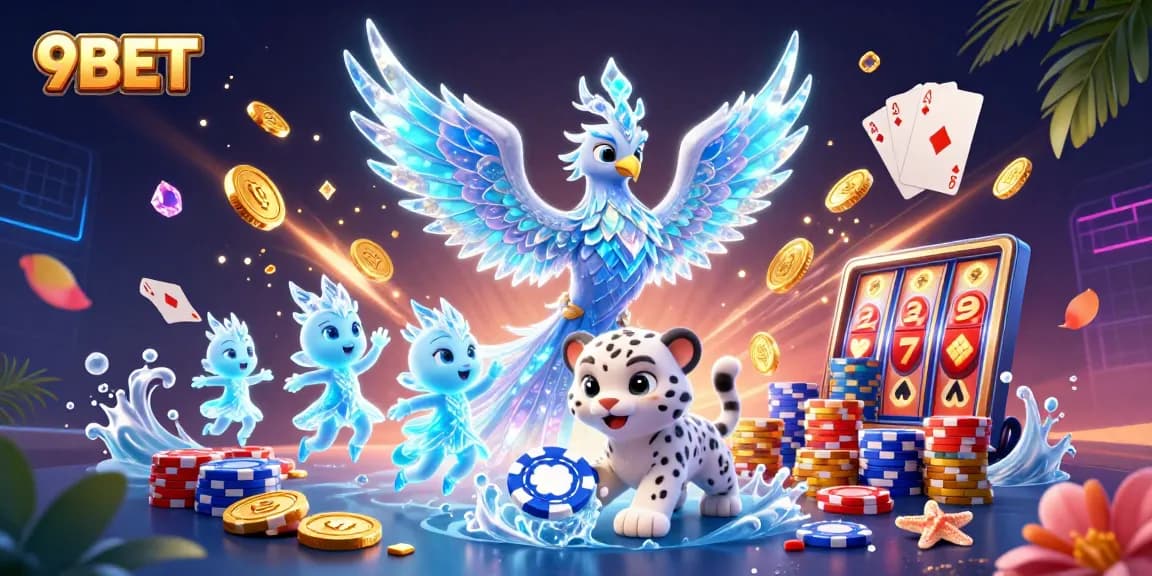 Experience thrilling games at 9BET, featuring an ice phoenix, poker, and dynamic casino elements.