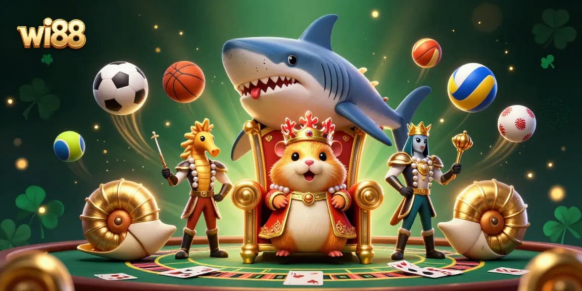 Bettors engage with wi88's vibrant casino scene featuring a golden hamster king on a megalodon throne.