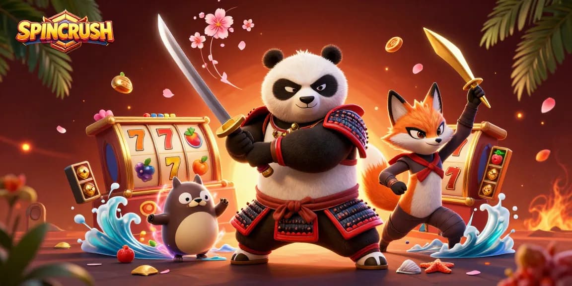 SPINCRUSH immersive gaming scene with samurai panda, jackpot reels, and festive elements.