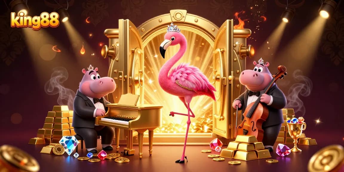 Experience the thrills of king88 with flamingos and hippos in a dazzling casino illustration.