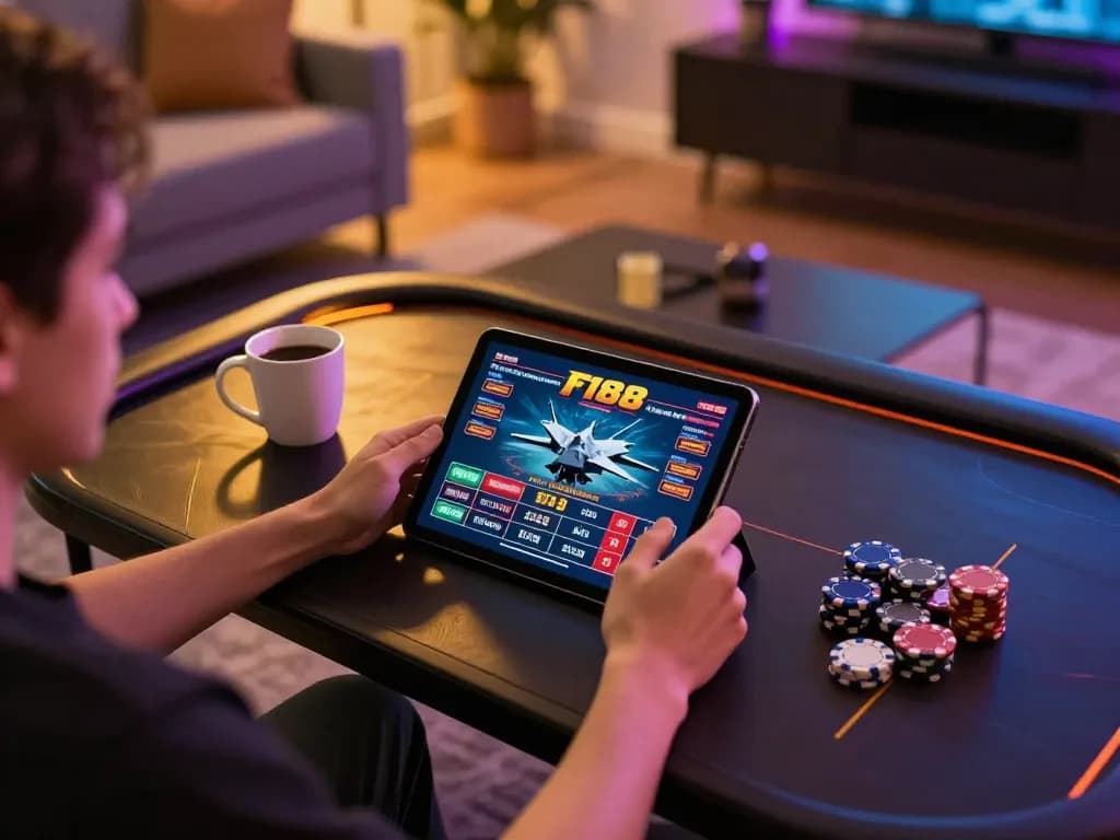 Playing F168 online with tablet in modern living room, showcasing relaxing gambling atmosphere