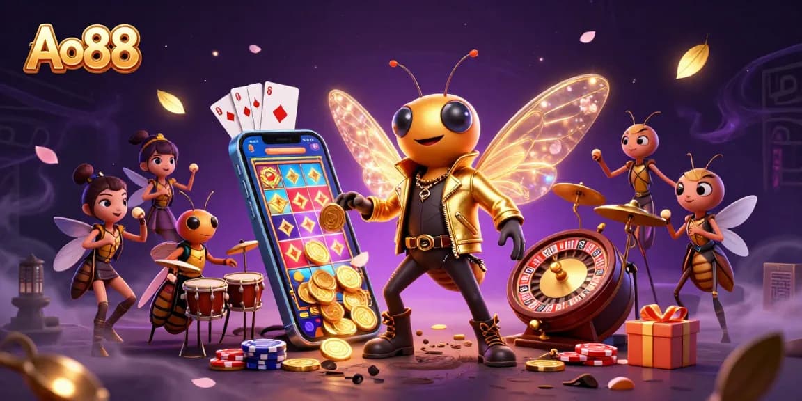 Ao88 casino extravaganza featuring a rock star cicada, a beetle drummer, and vibrant slot game elements.