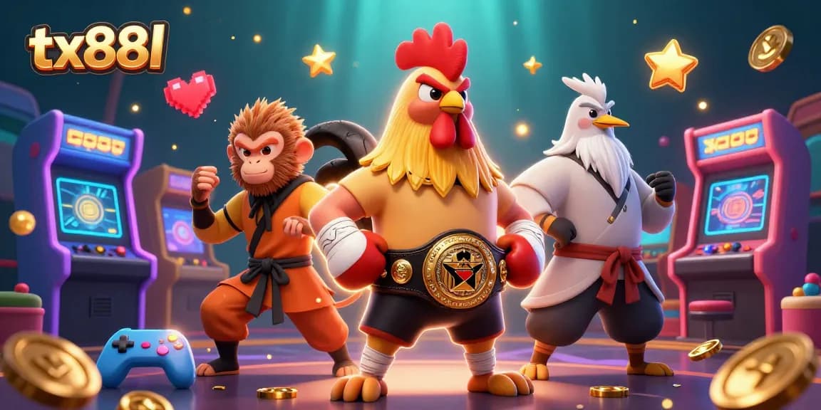 Engage with tx88l's vibrant 3D casino scene featuring a Muay Thai rooster and arcade games.