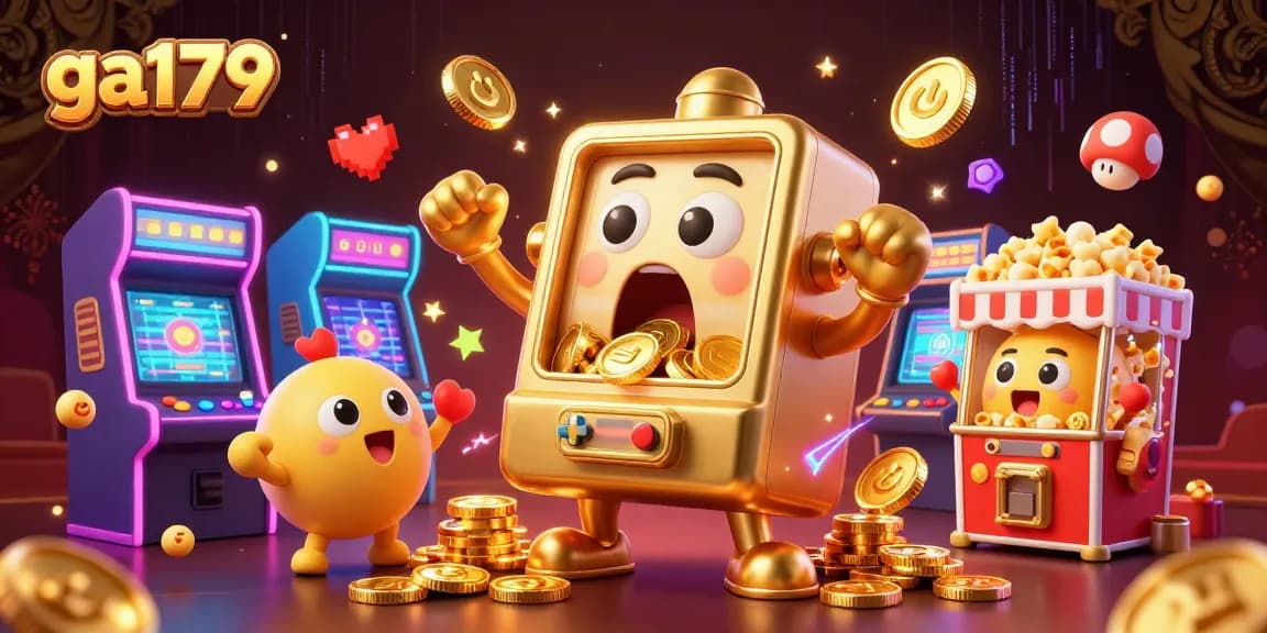 Engage with ga179's vibrant gaming action as golden slot machines cheer in a lively online casino atmosphere.