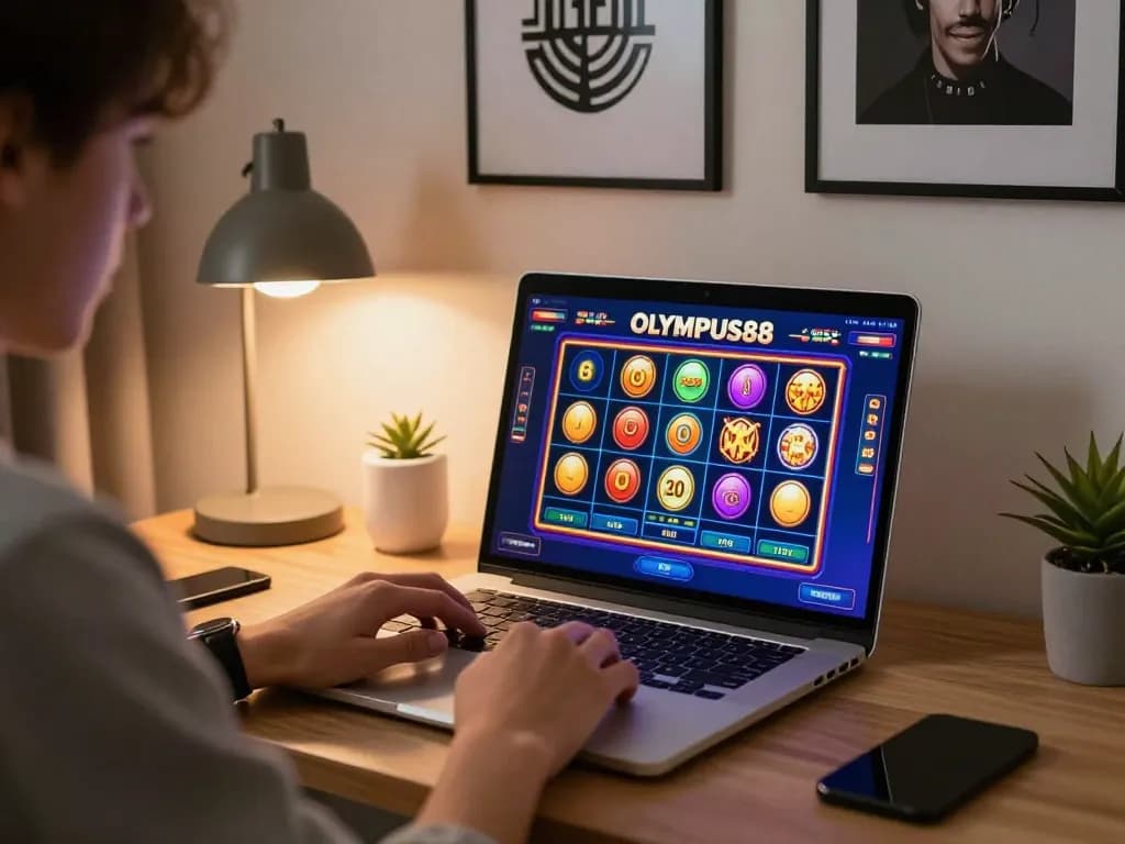 Engaging with OLYMPUS88 slot game interface on a laptop in a stylish home setup