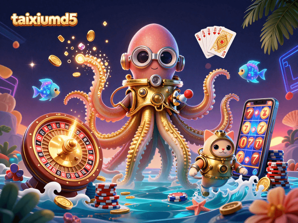 Experience thrilling moments with taixiumd5, showcasing a kraken, diving cat, roulette, and dynamic casino elements.