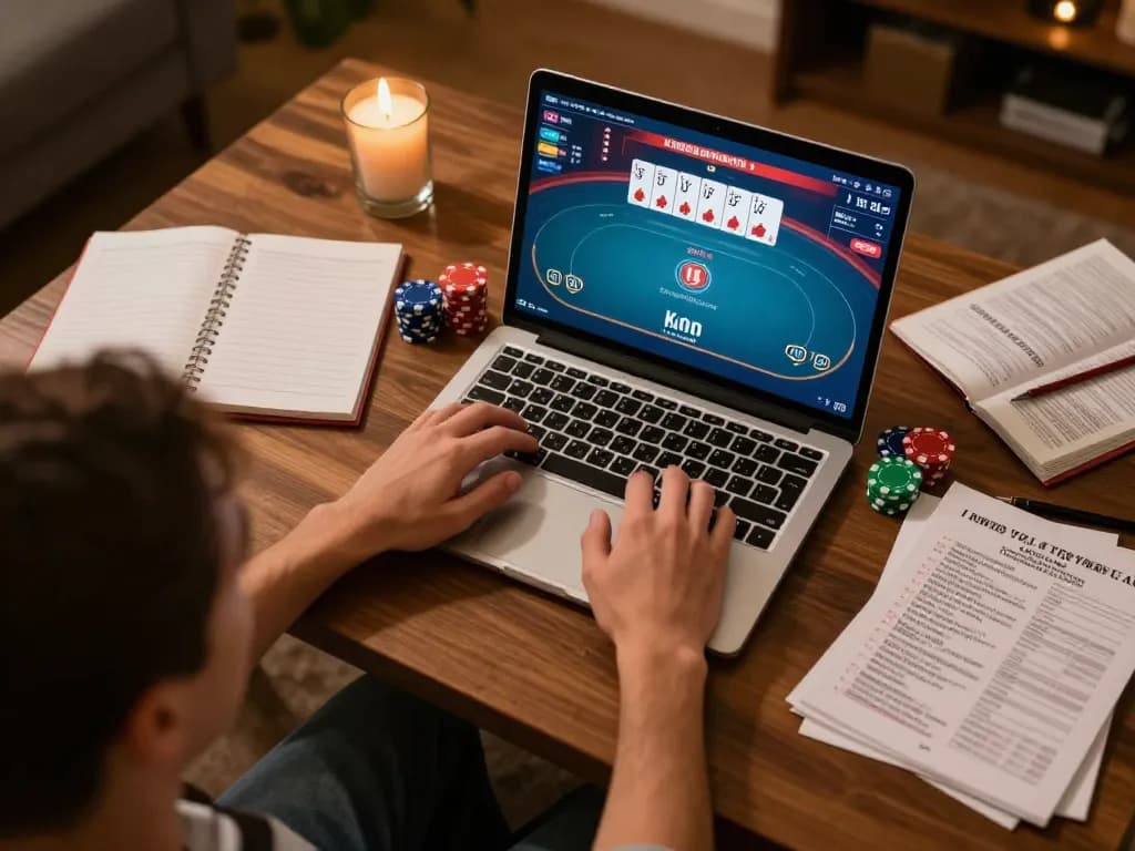 Engaging in an online poker game at home, showcasing MMOO's platform interface.