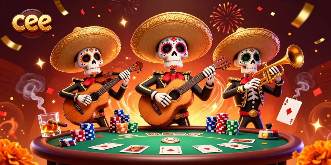Engage with cee and join the lively mariachi poker scene filled with vibrant colors and festive elements.