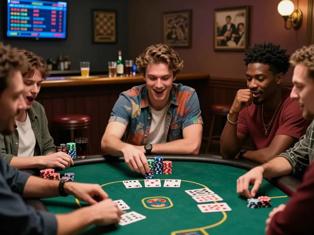 Friends enjoying a thrilling rikbet poker night, showcasing excitement and vibrant camaraderie at a casino table.