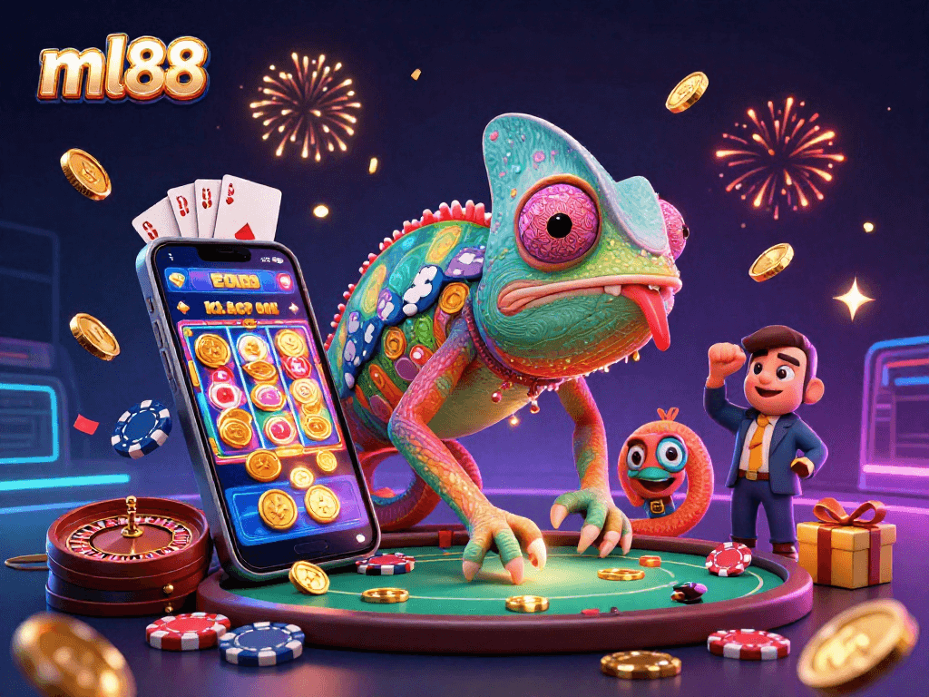 Experience thrilling gameplay at ml88 with a vibrant chameleon casino owner amidst dynamic slot elements.