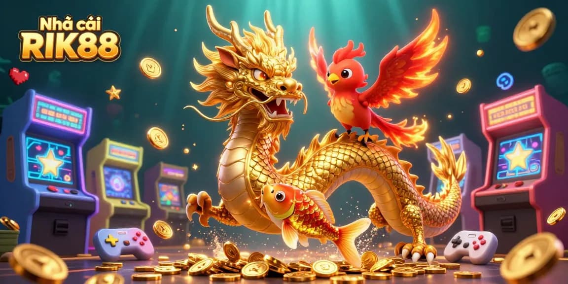 Engage with Nhà cái RIK88's vibrant casino scene featuring a golden dragon and a leaping koi fish.