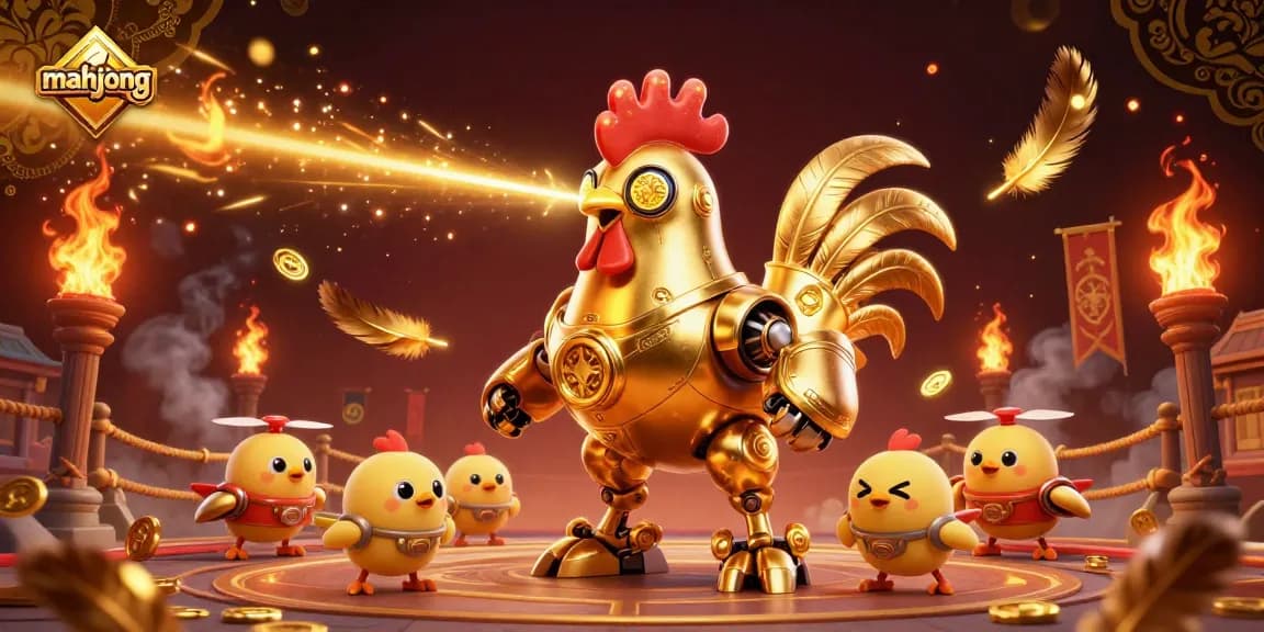 Engage in mahjong excitement with a futuristic golden rooster robot amid vibrant casino elements.