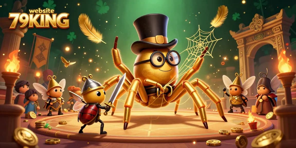 Engage with thrilling actions on website 79KING’s colossal tarantula weaving golden webs amidst vibrant casino elements.