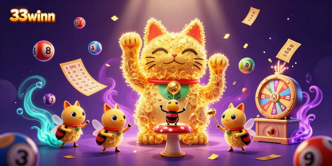 Experience excitement with 33winn's vibrant lucky cat and animated lottery scene.