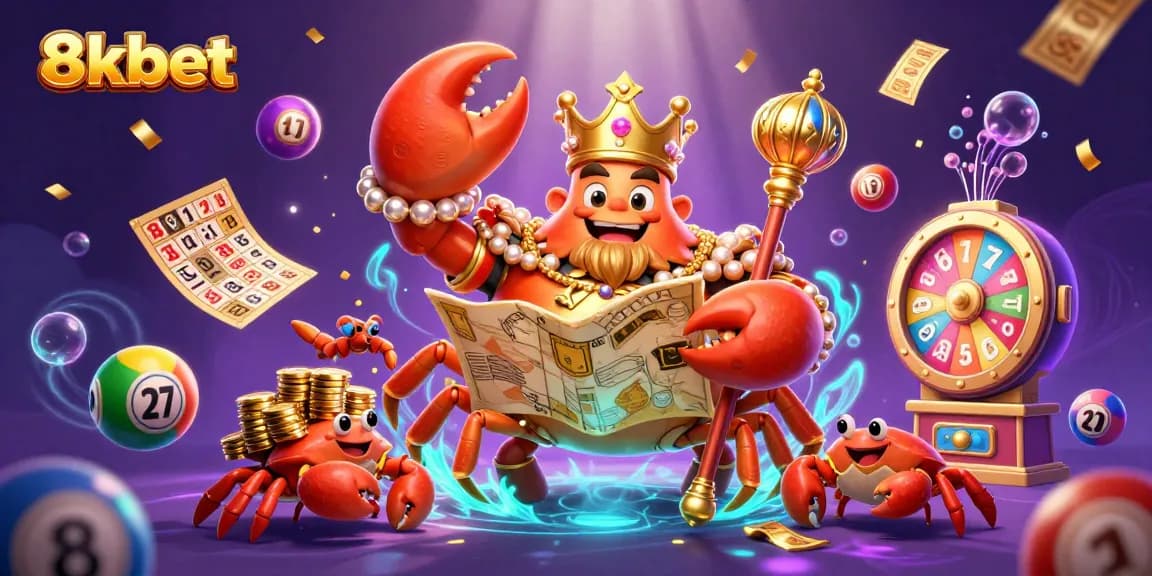 Engage in thrilling action with 8xbet's promotion, featuring a golden crab emperor among vibrant gaming elements.