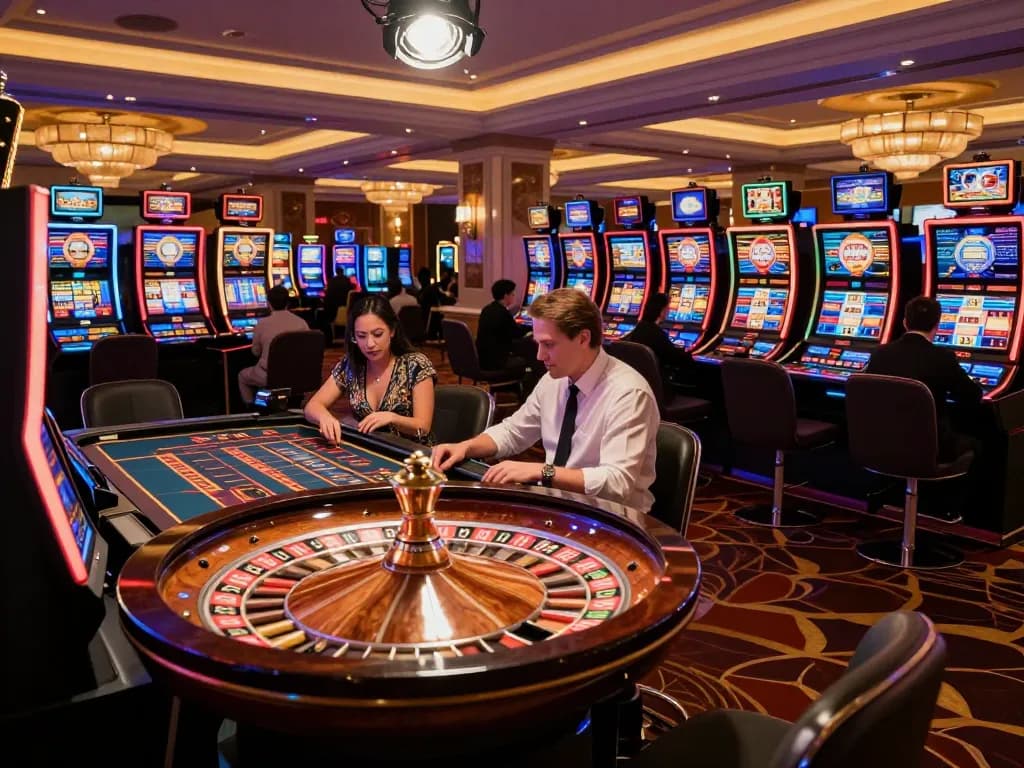Players enjoying vibrant slot machines and roulette at WIN68 casino floor, showcasing excitement.