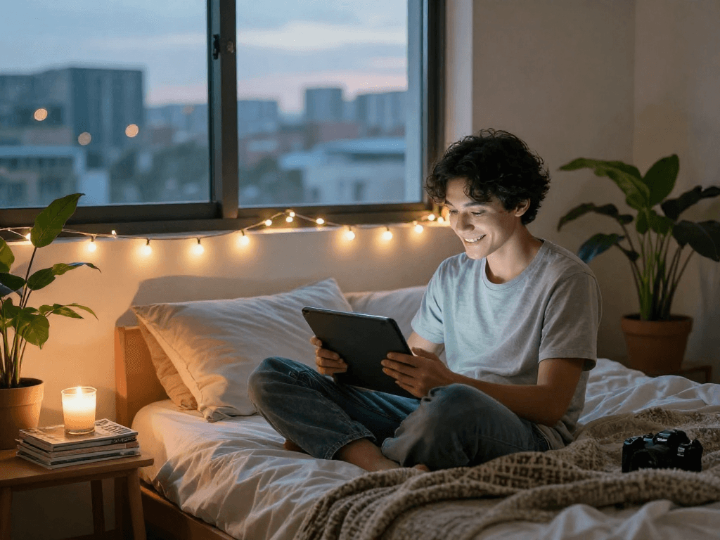 A cozy bedroom with a young adult enjoying nsfw content on a tablet, creating an inviting atmosphere.