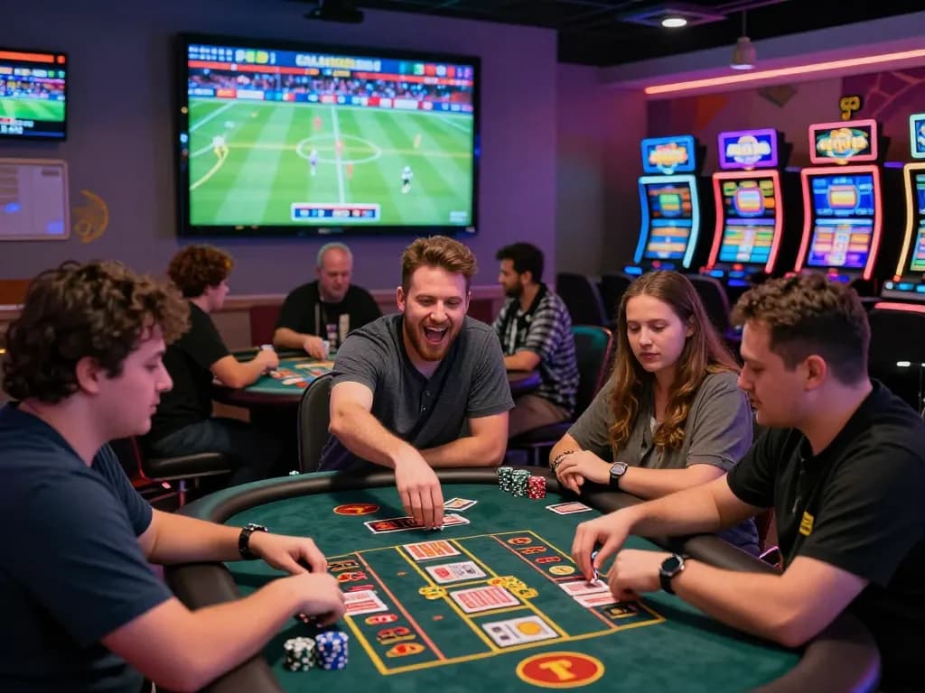 Players excitedly engaging in diverse gaming activities at TR88 online gambling platform, showcasing live sports betting and vibrant casino games.