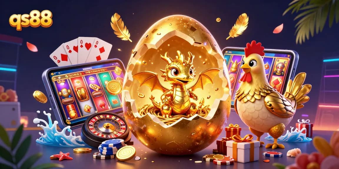 Experience the thrilling world of qs88 with a golden baby dragon amidst vibrant casino elements.