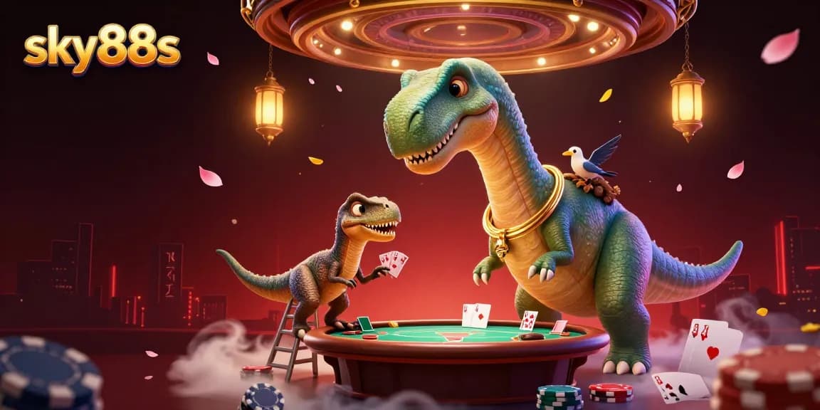 Engage in thrilling poker action at sky88s with a giant dinosaur dealer for a unique casino experience.