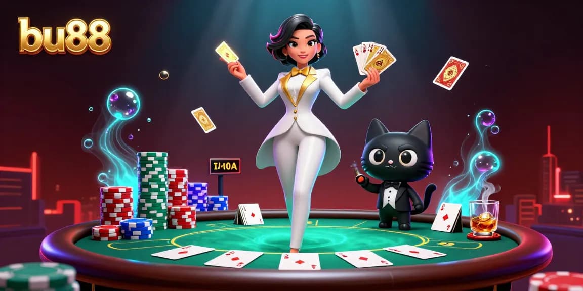 Engage in thrilling poker action with bu88, featuring 3D woman shuffling cards and playful tuxedo cat.