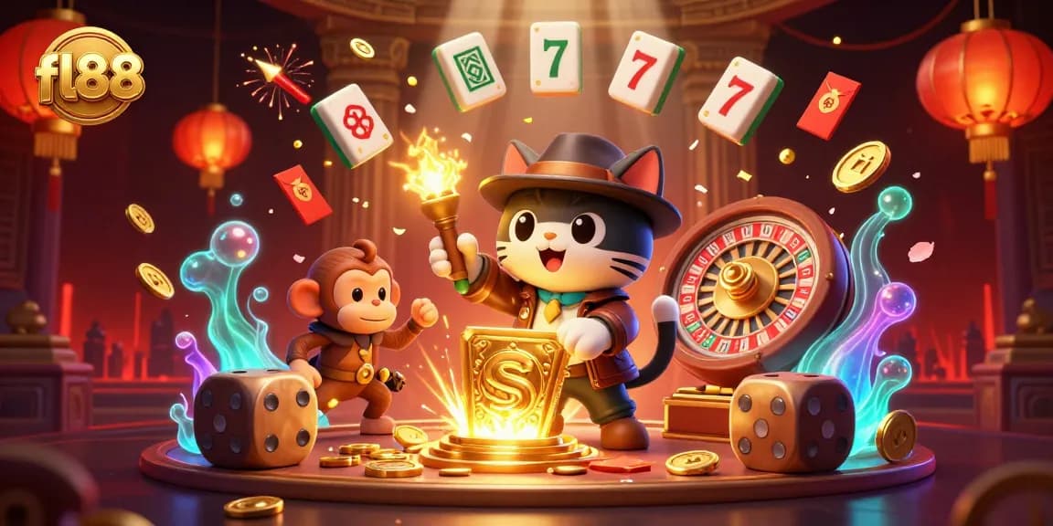 Experience the excitement of fl88 at a vibrant casino scene featuring an explorer cat and monkey with golden artifacts.