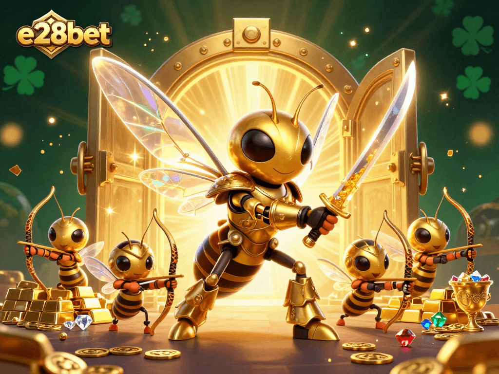Experience thrilling action at e28bet with captivating golden hornet samurai and bee archers surrounded by treasure.