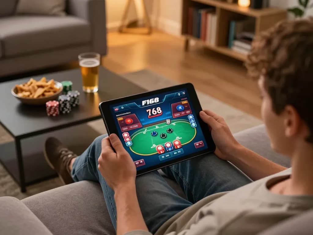 Engaging with the F168 casino app on a tablet for exciting online gaming.