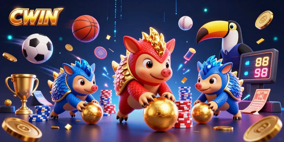 CWIN pangolins competing vividly in a dynamic gambling scene with poker chips and sports elements.
