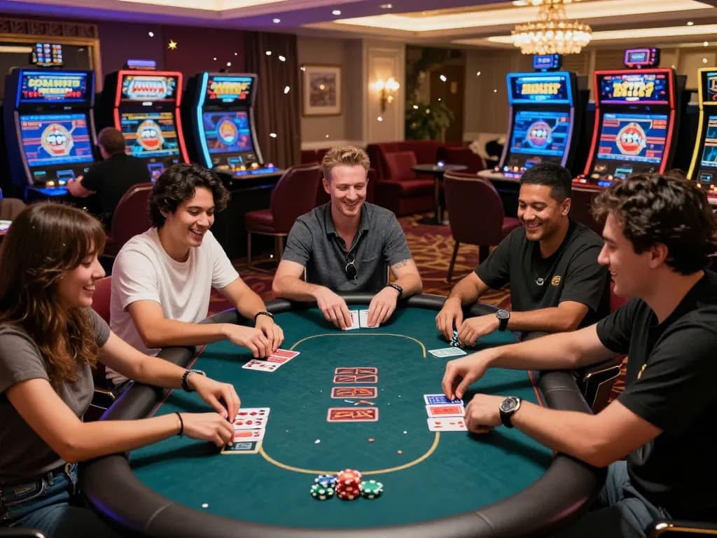 Exciting gem88 online gaming scene with players at a vibrant poker table and high-tech slots in a dynamic casino atmosphere.