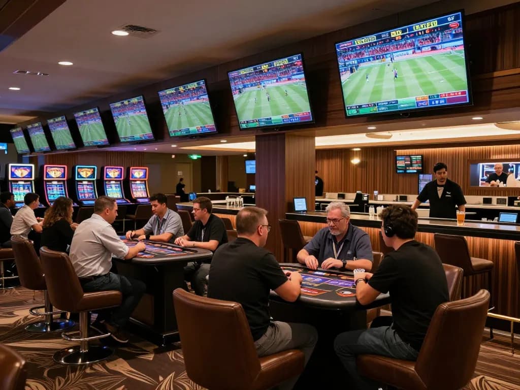 Bet168 players strategizing bets in a vibrant sports betting lounge setting.