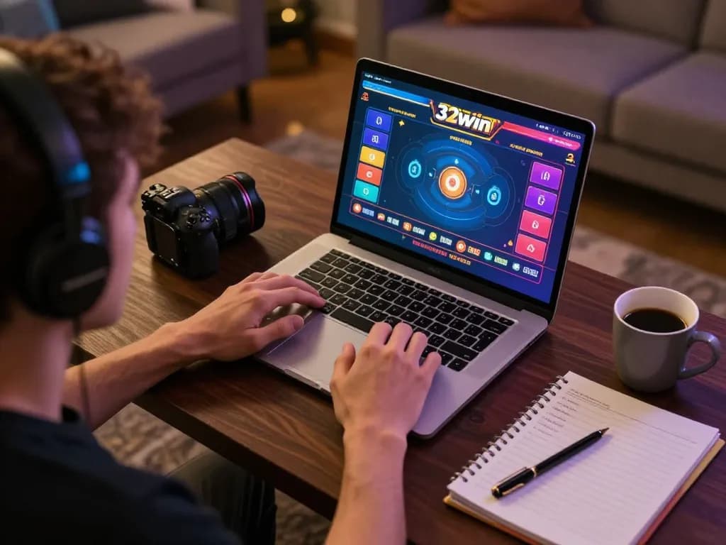 Player engaging in exciting online gaming at 32win with vibrant interfaces and cozy setup.