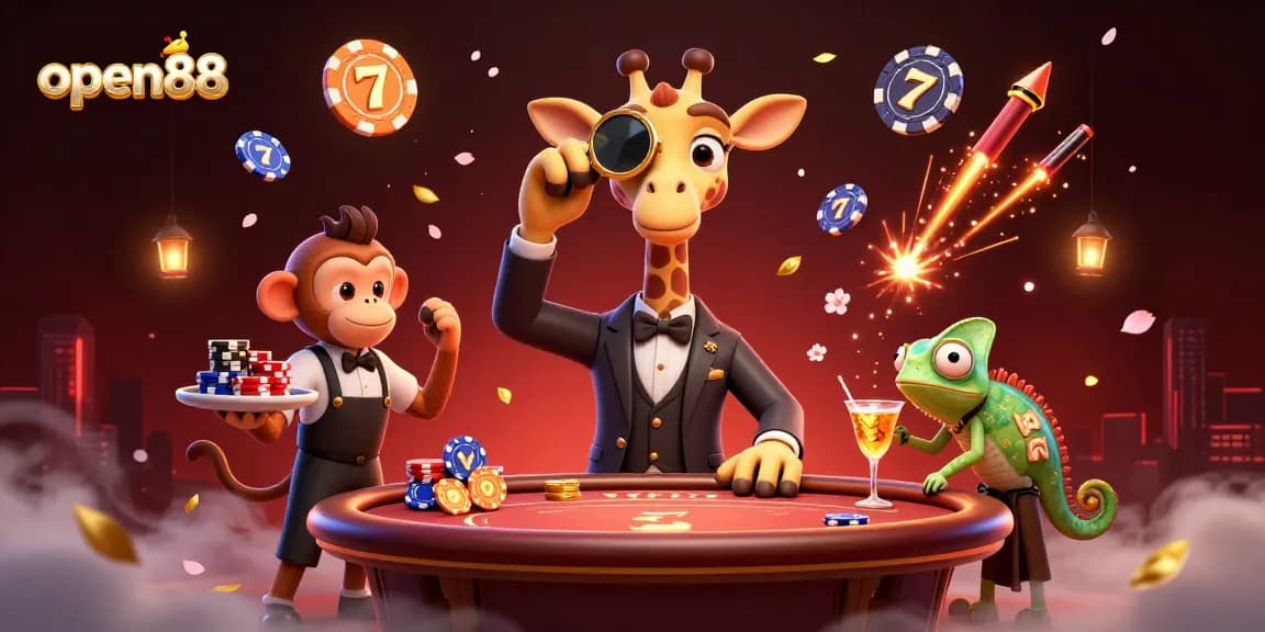Experience excitement with open88 as a high-roller giraffe enjoys poker at a vibrant casino scene.