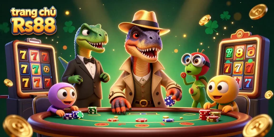 Experience thrilling slots betting at trang chủ Rs88 with cartoon dinosaurs in a casino scene.