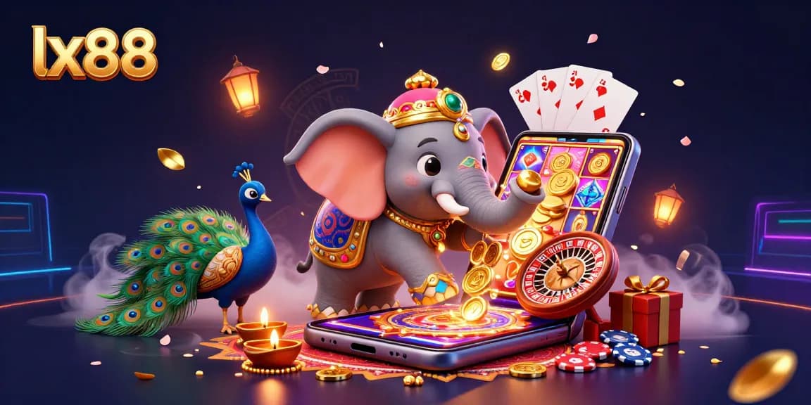 Spin to win at lx88 with a vibrant casino scene featuring a cartoon elephant and peacock among gaming elements.