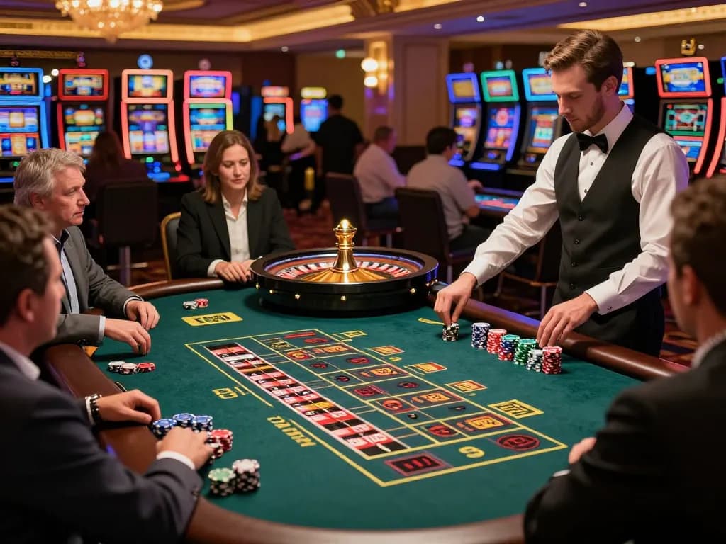 Players enjoying high-stakes roulette at Sunwin casino, chips placed strategically on the table, capturing the excitement of gaming.