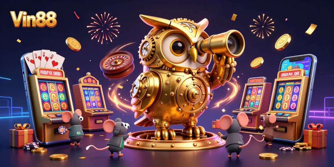 Engage with Vin88 by exploring a vibrant 3D casino scene filled with slot games and golden coins.