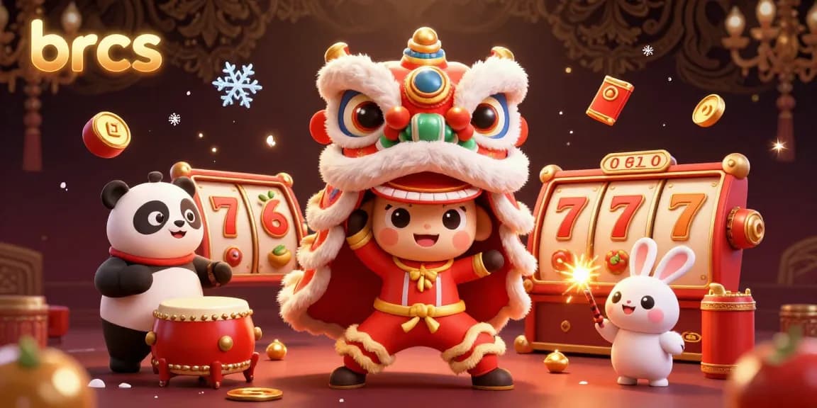 Experience thrilling gameplay at brcs with a vibrant and engaging scene showcasing casino excitement featuring a lion dance, slot reels, and festive decorations.