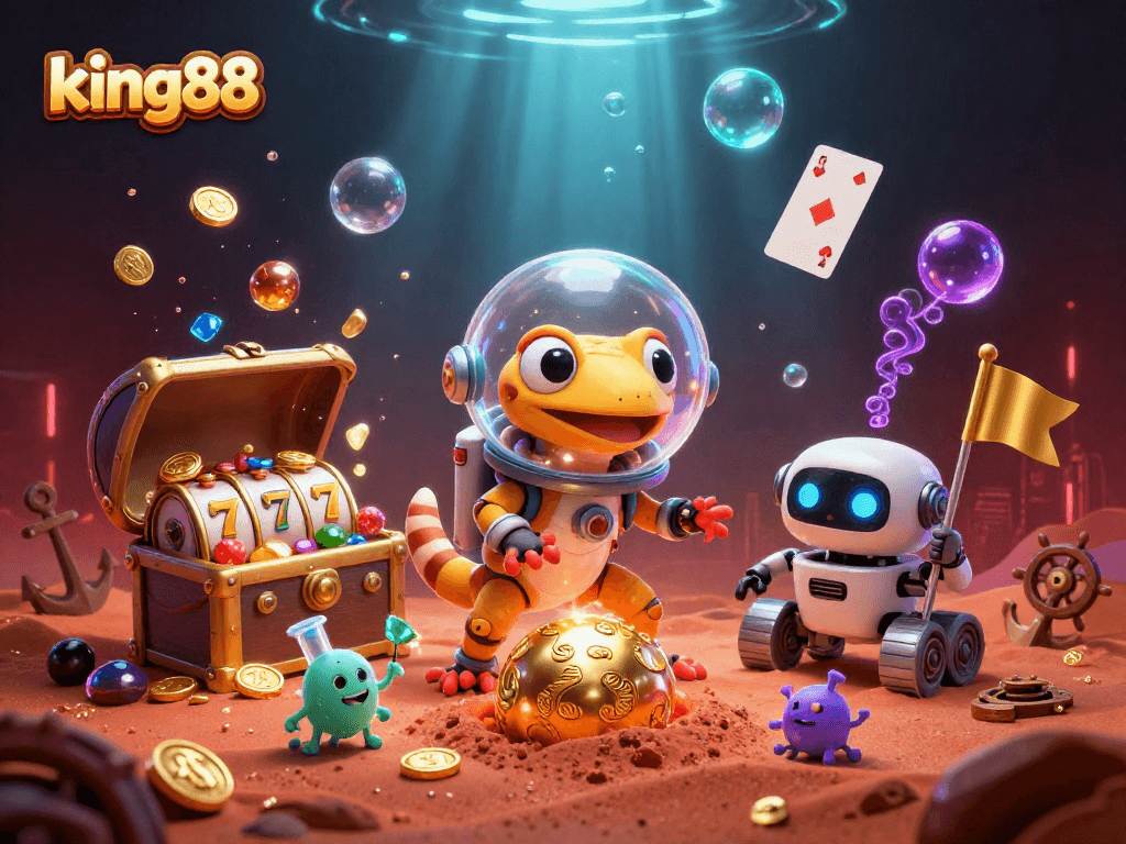 Experience king88's thrilling adventures with a Martian gecko discovering a golden casino amidst vibrant 3D elements.