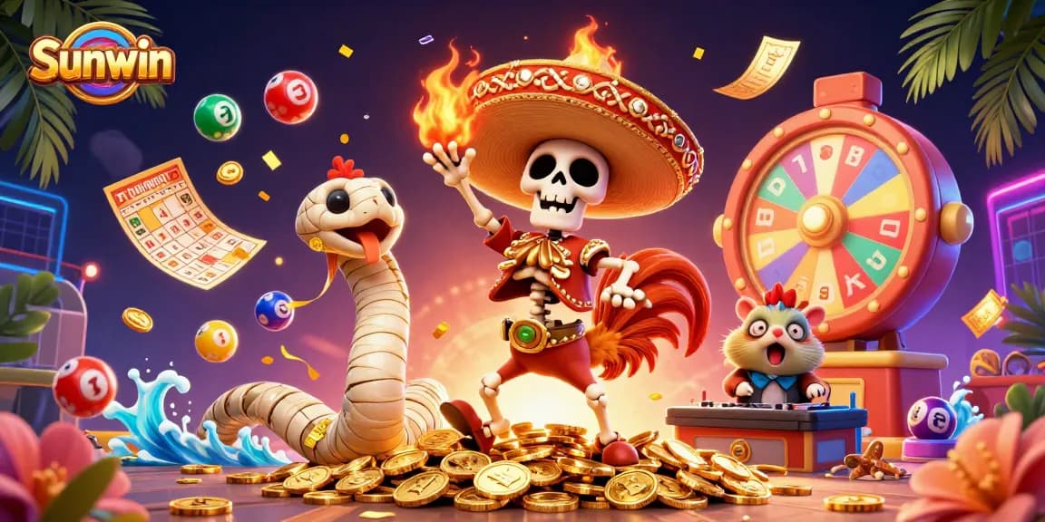 Unleash your luck at Sunwin with a vibrant 3D casino-themed illustration featuring lively characters and colorful game elements.