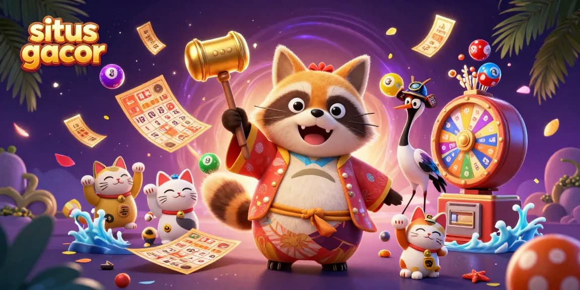 Savor the excitement of gaming at situs gacor with colorful lottery elements and cheerful characters in a vibrant digital scene.