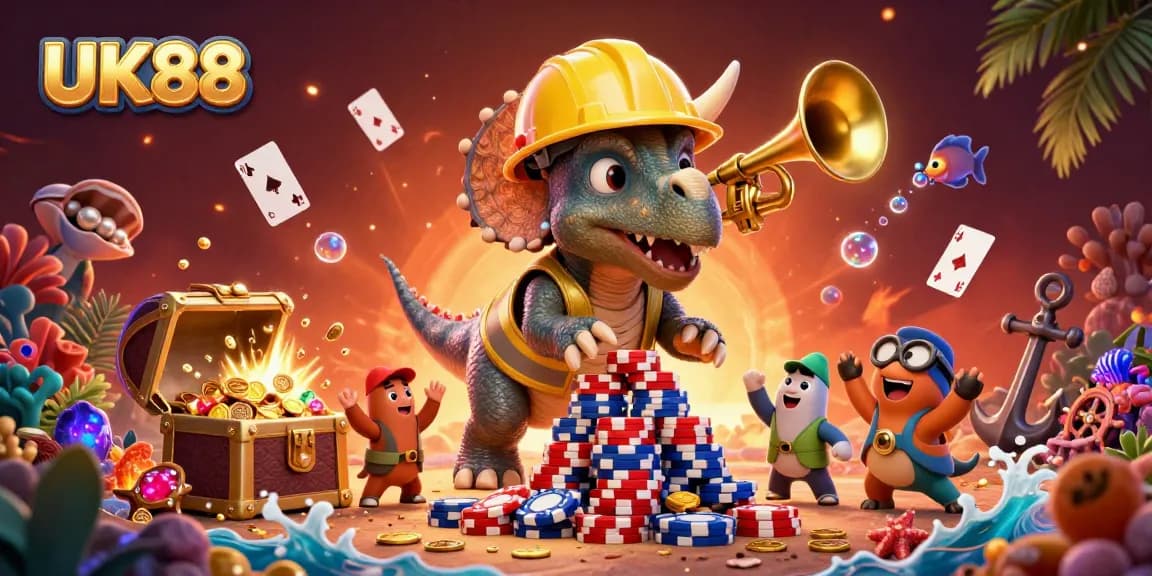 Join the excitement at UK88 with characters building poker chip pyramids in a vibrant casino scene.