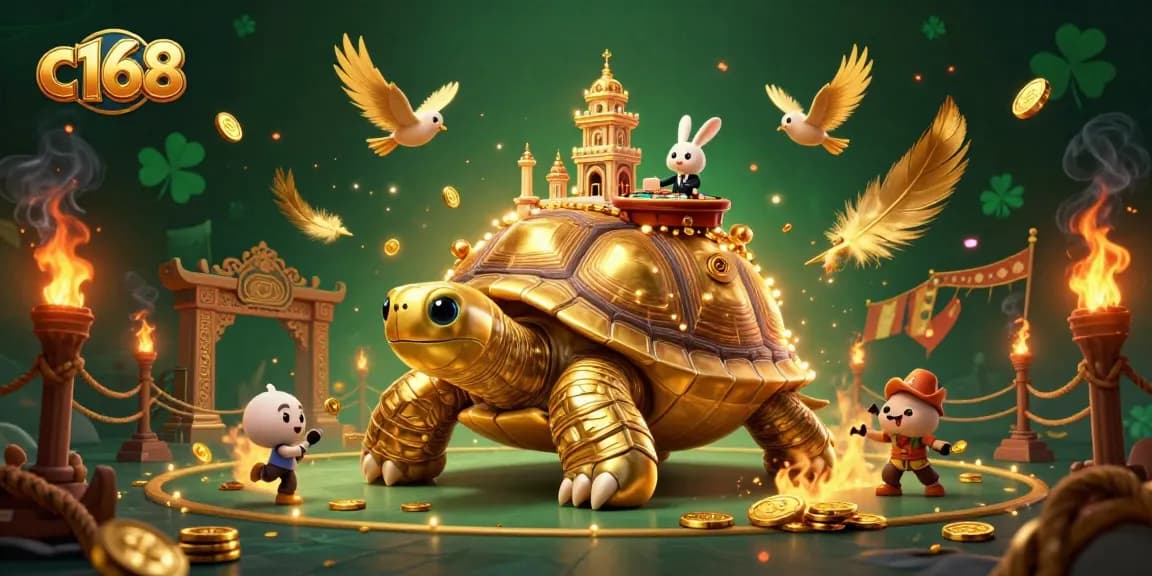 C168 brings the thrills of gaming alive with a golden tortoise casino and a rabbit dealer amidst dynamic gold elements.