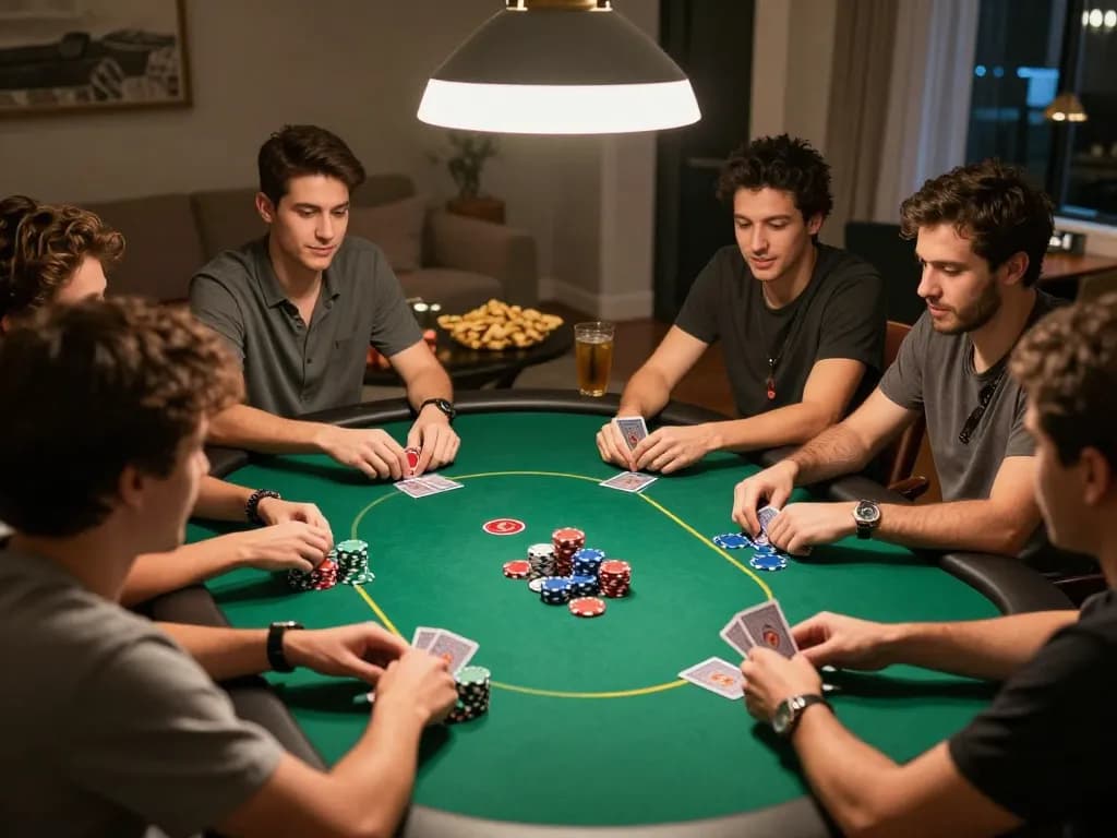 FIVE 88 poker night home scene with players engaged around table, intense gameplay atmosphere
