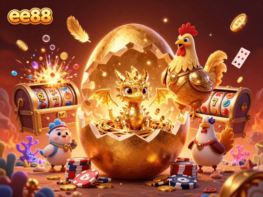 Experience the thrill of ee88 with this vibrant illustration showcasing a golden dragon rising from poker chips.